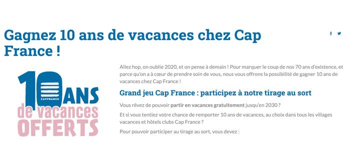 www.capfrance-vacances.com - Jeu Cap France 10 ans de vacances offert